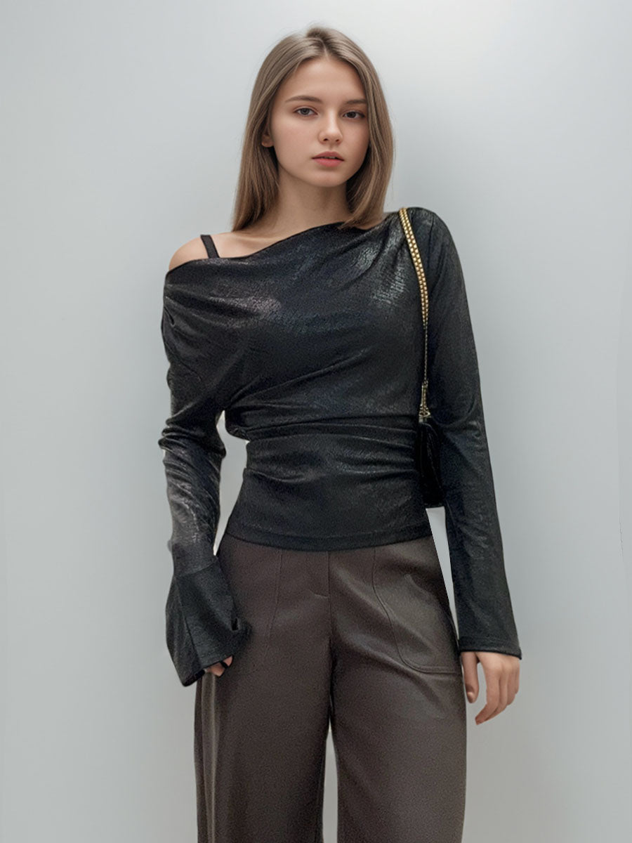 Asymmetric Neck Ruched Long Sleeve Top