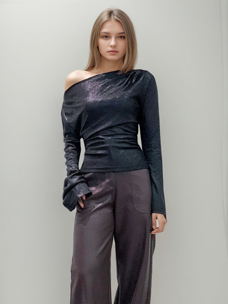 Asymmetric Neck Ruched Long Sleeve Top