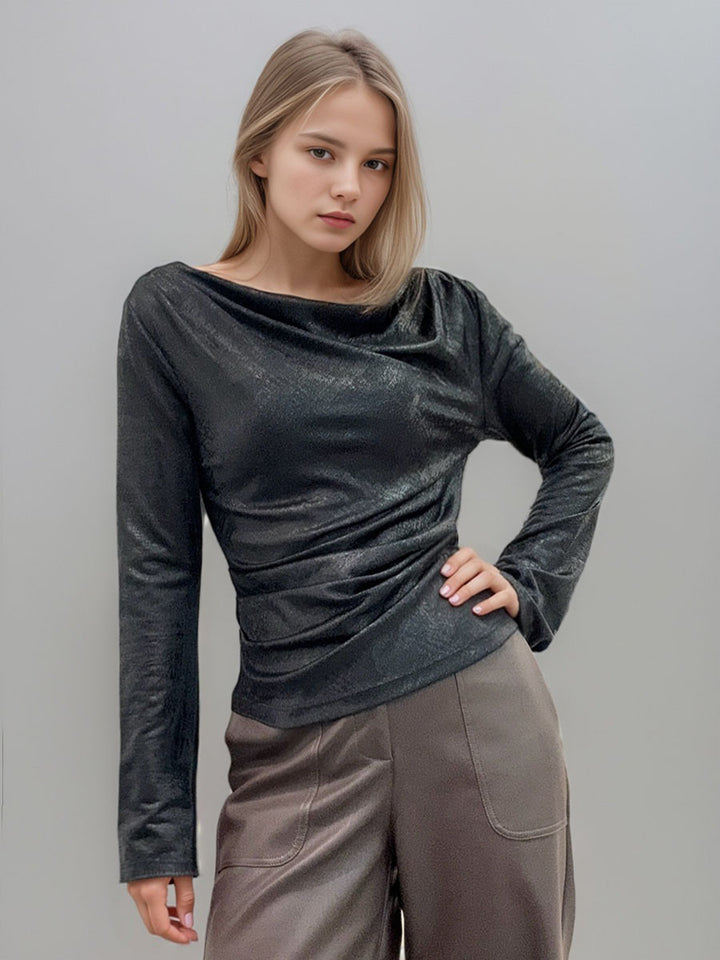 Asymmetric Neck Ruched Long Sleeve Top