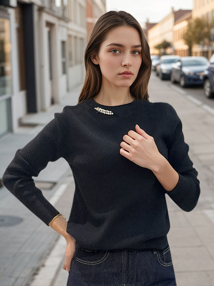 Beading Neck Long Sleeve Top