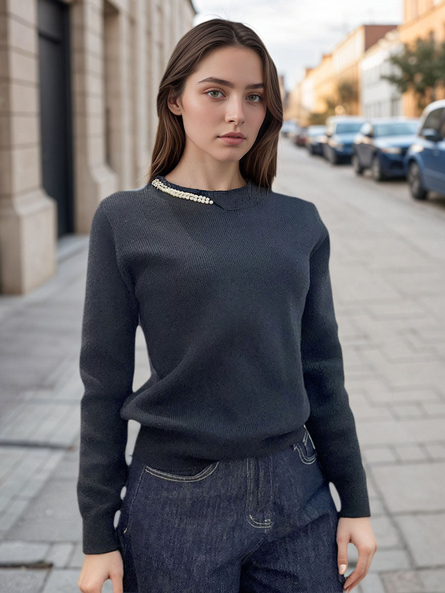 Beading Neck Long Sleeve Top