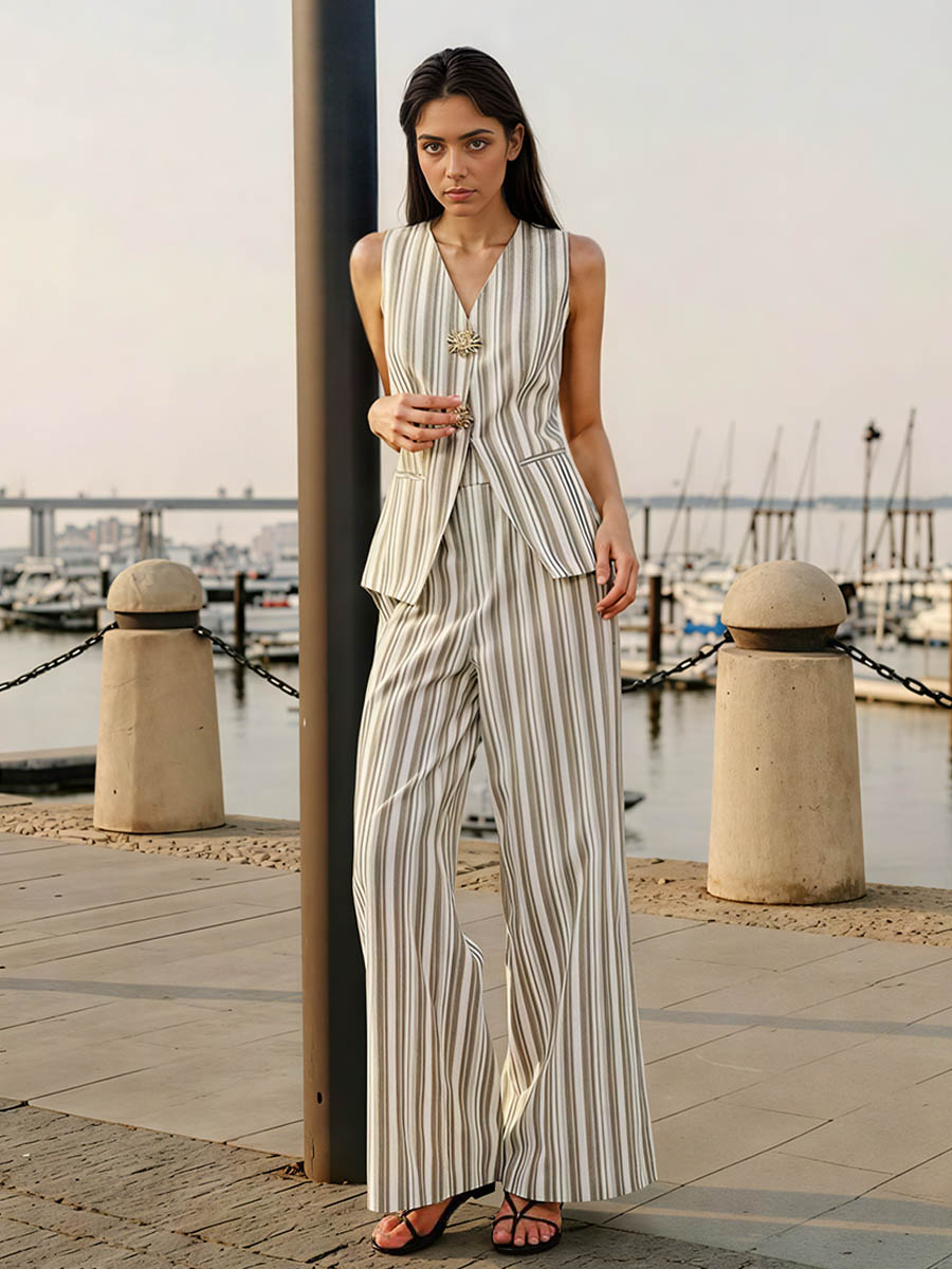 Linen & Cotton Metal Detail V- Neck Striped Vest Set HONEEAR