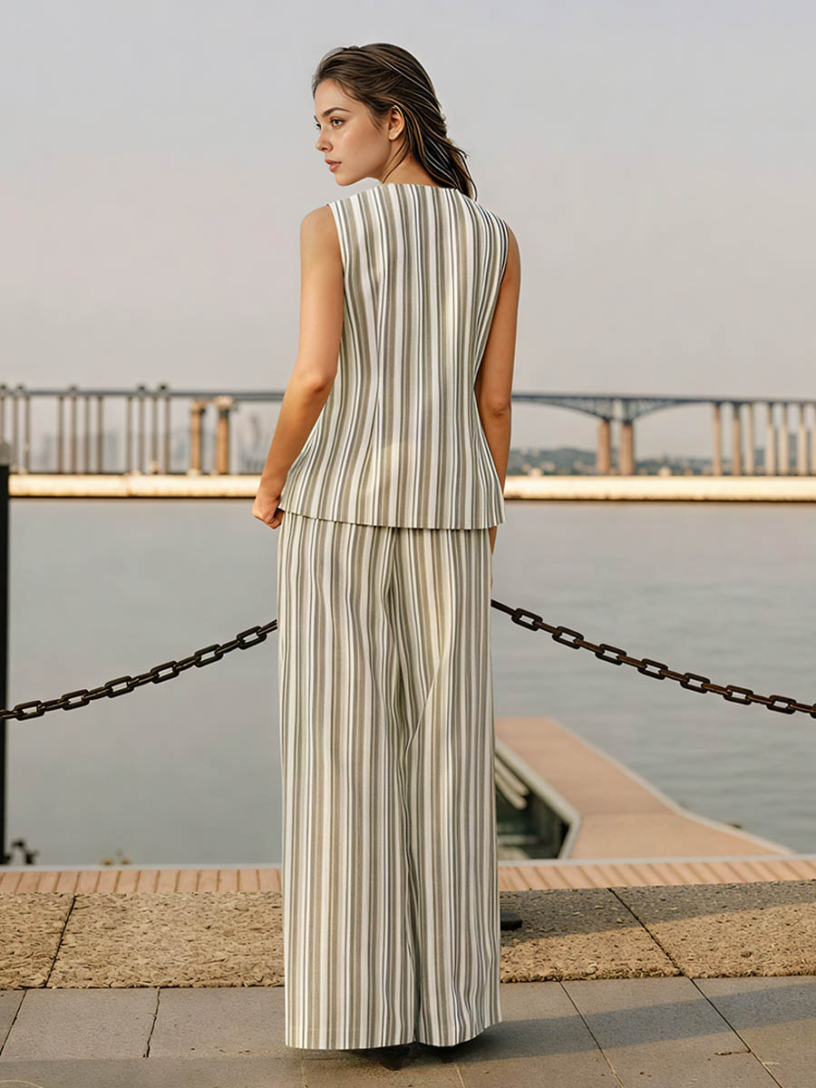 Linen & Cotton Metal Detail V- Neck Striped Vest Set
