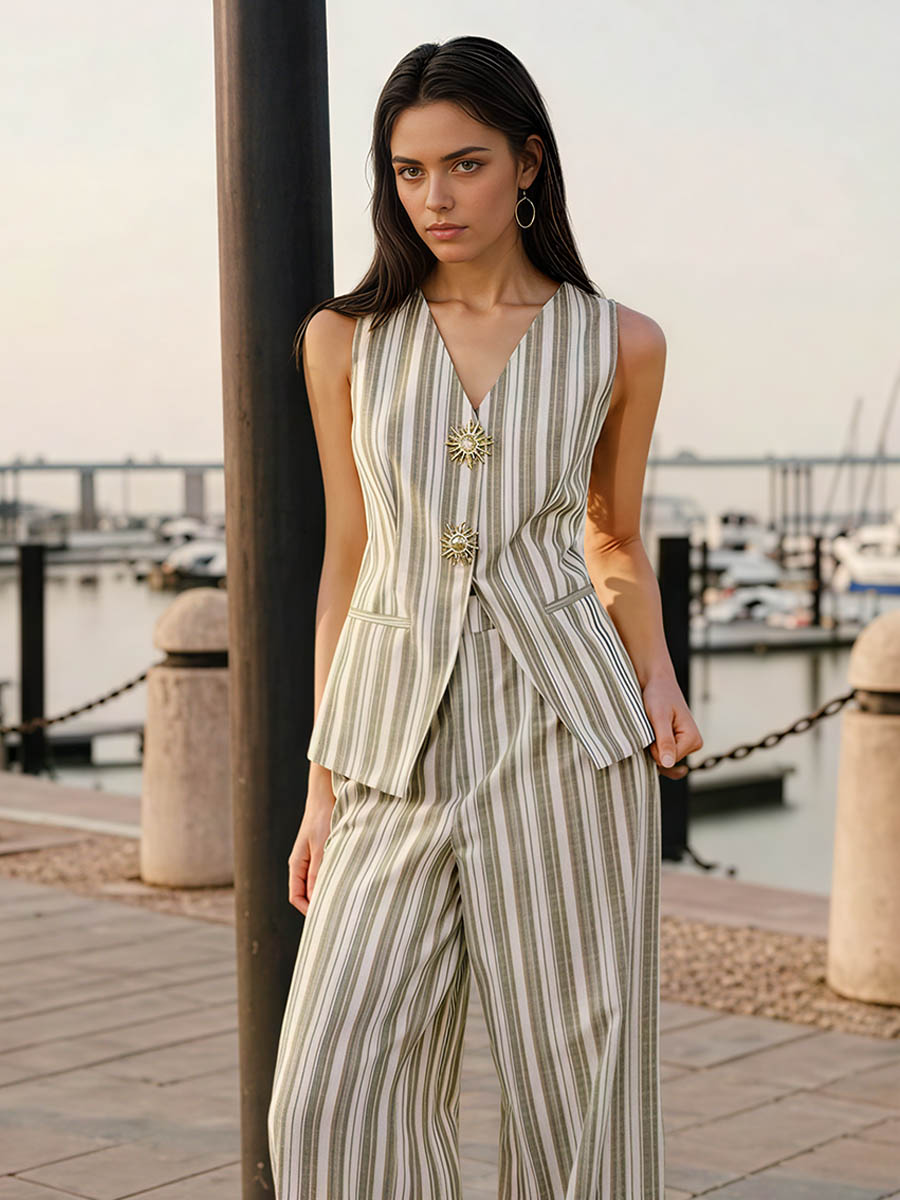 Linen & Cotton Metal Detail V- Neck Striped Vest Set