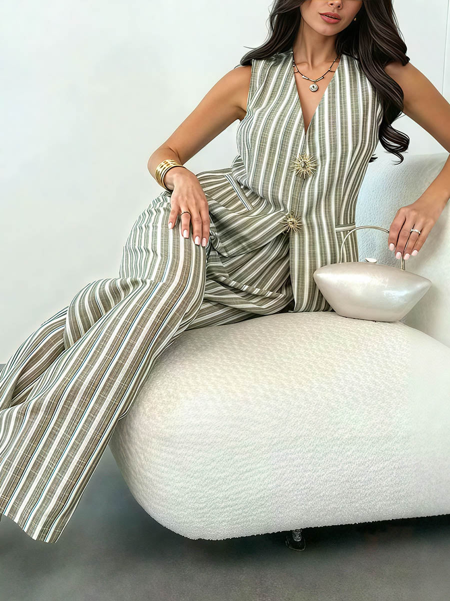Linen & Cotton Metal Detail V- Neck Striped Vest Set