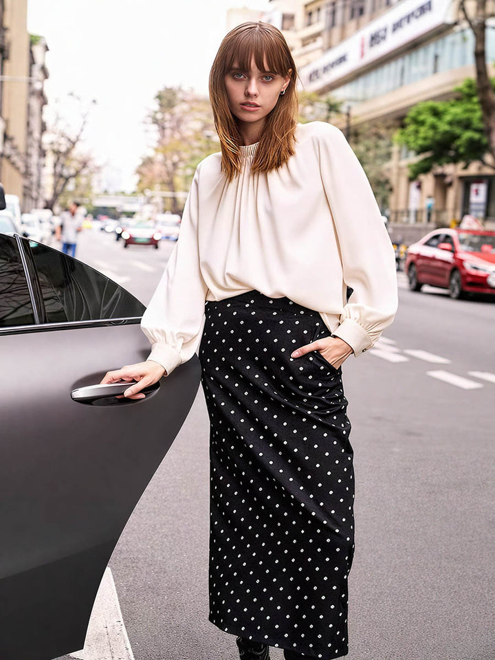 Pleated Satin Blouse with Balloon Sleeves