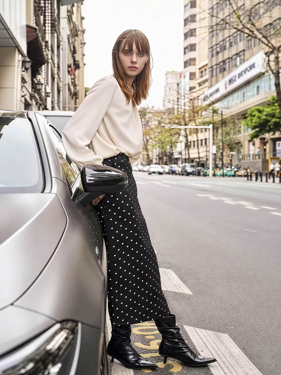 Pleated Satin Blouse with Balloon Sleeves
