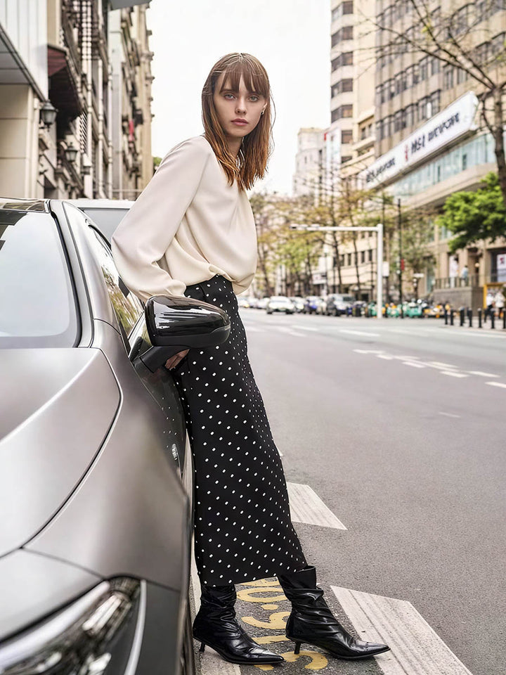 Pleated Satin Blouse with Balloon Sleeves