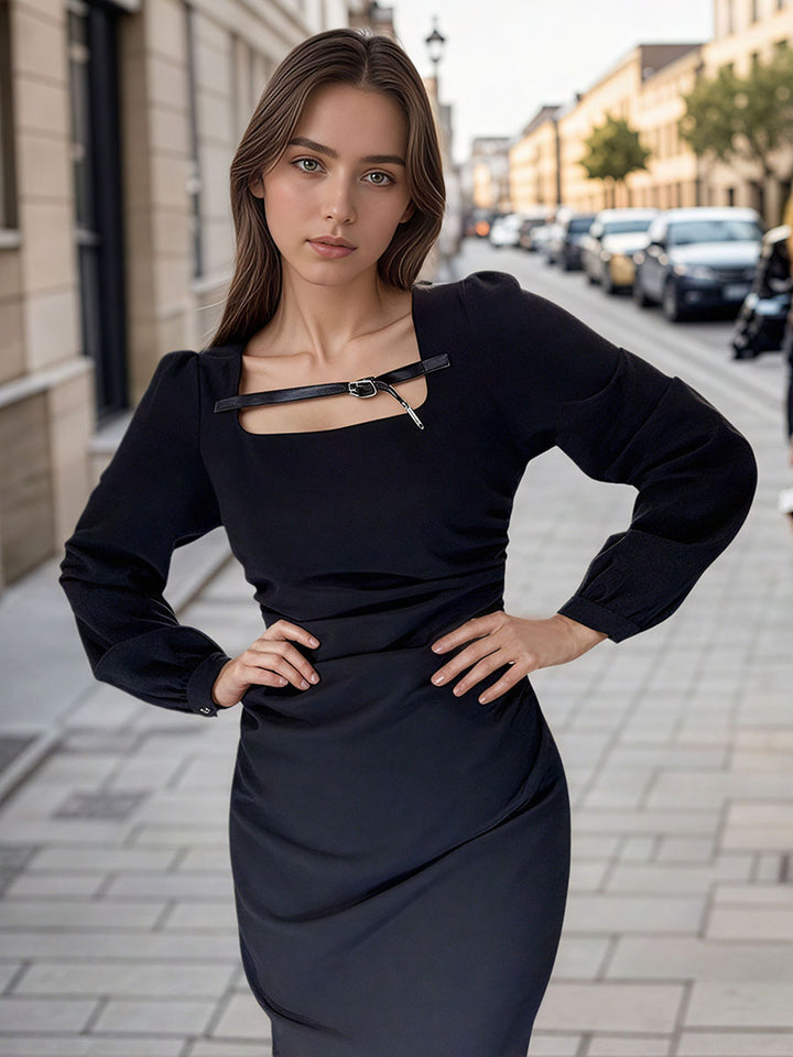 Elegant Black Midi Dress with Buckle Detail