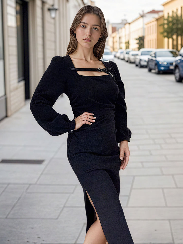 Elegant Black Midi Dress with Buckle Detail