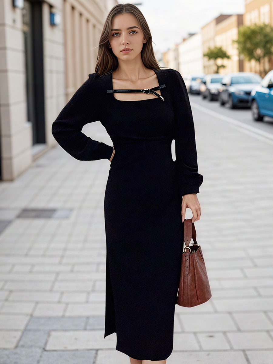 Elegant Black Midi Dress with Buckle Detail