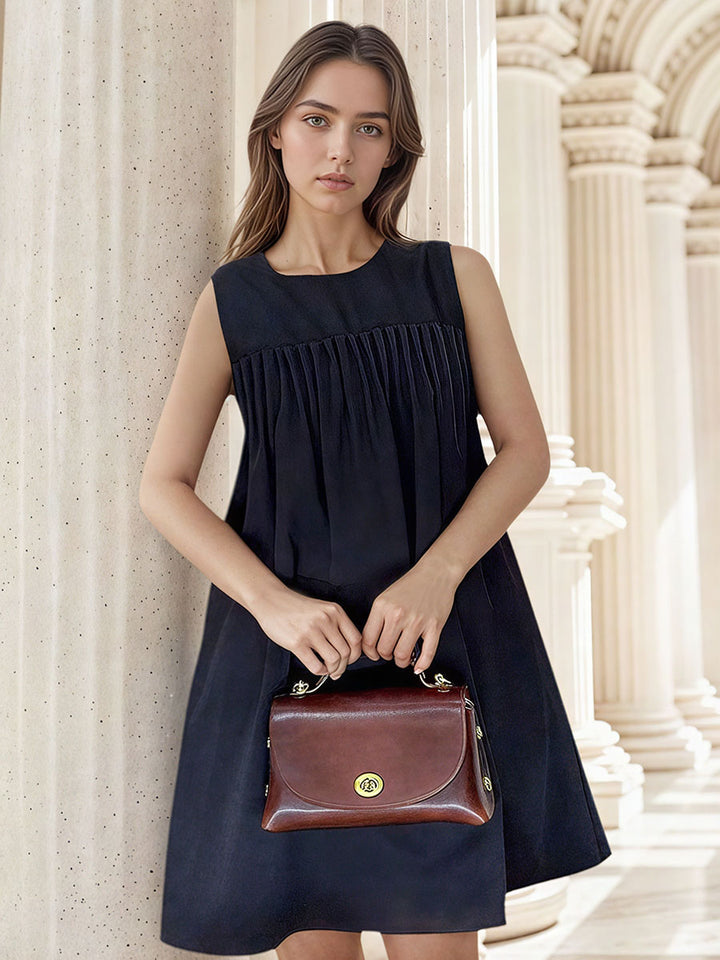 Pleated Sleeveless Black Shift Dress