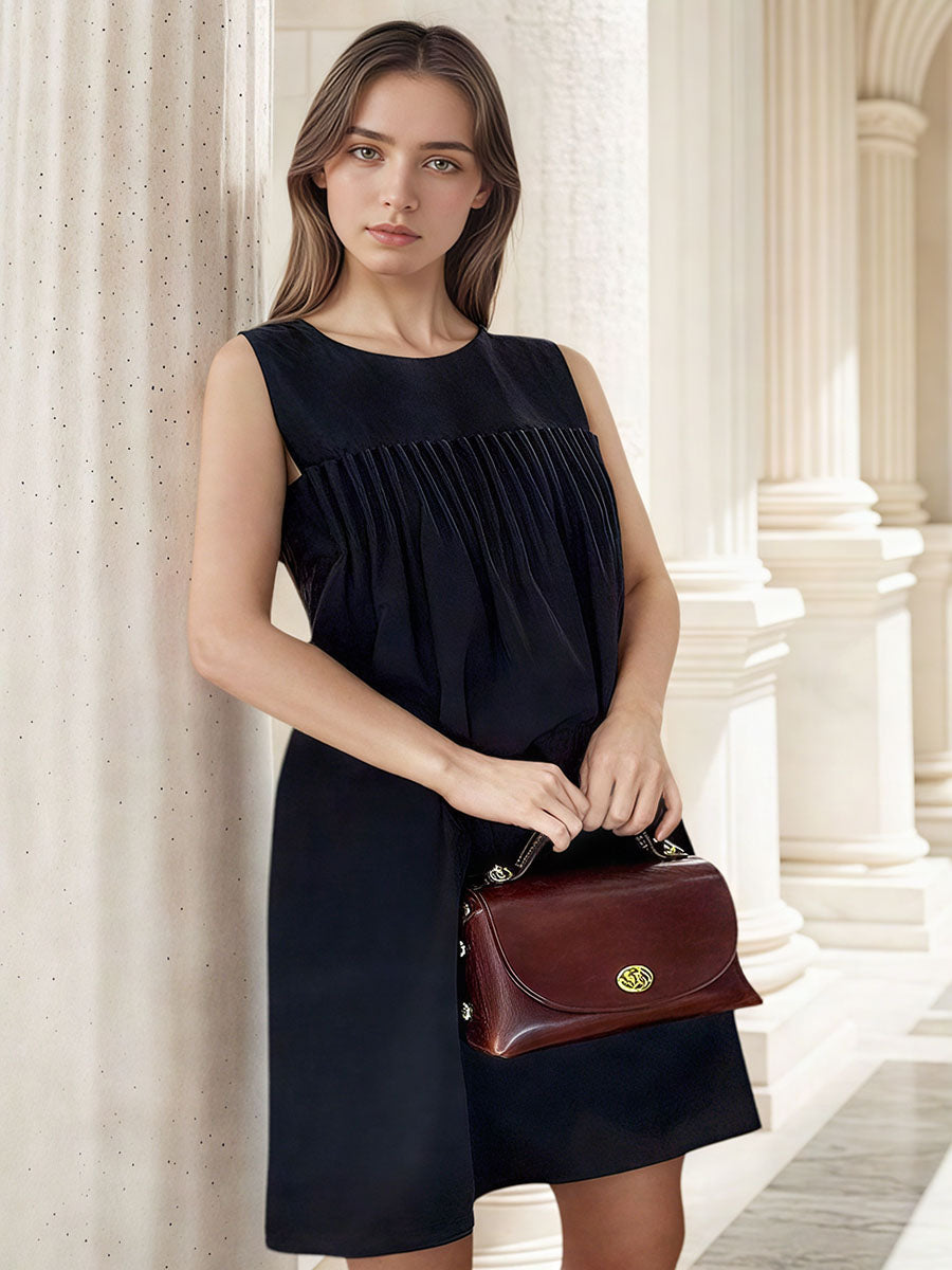 Pleated Sleeveless Black Shift Dress