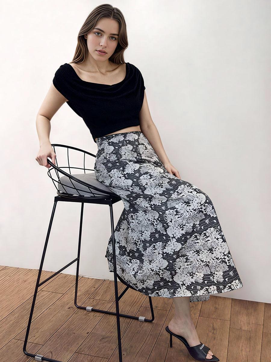 Retro Floral Print Ruffled Skirt HONEEAR
