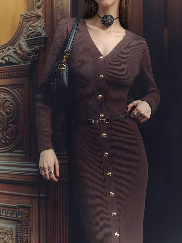 Velvet Button Short Dress With Belt