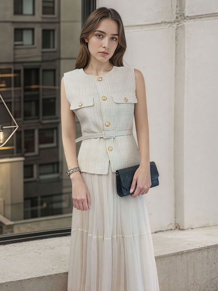 Tweed Sleeveless Vest and Pleated Maxi Skirt Set