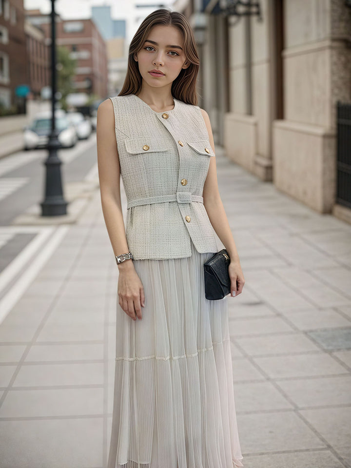 Tweed Sleeveless Vest and Pleated Maxi Skirt Set