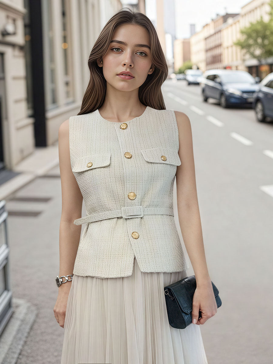Tweed Sleeveless Vest and Pleated Maxi Skirt Set