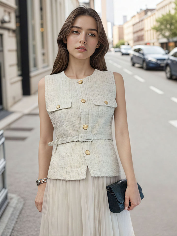 Tweed Sleeveless Vest and Pleated Maxi Skirt Set