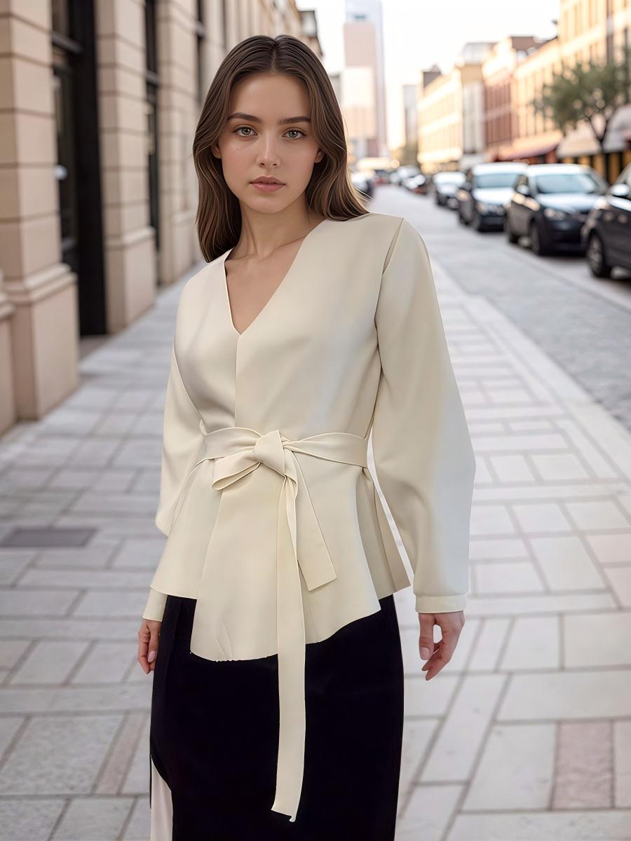 V-Neck Belted Long Sleeve Blazer