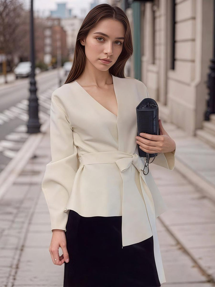 V-Neck Belted Long Sleeve Blazer