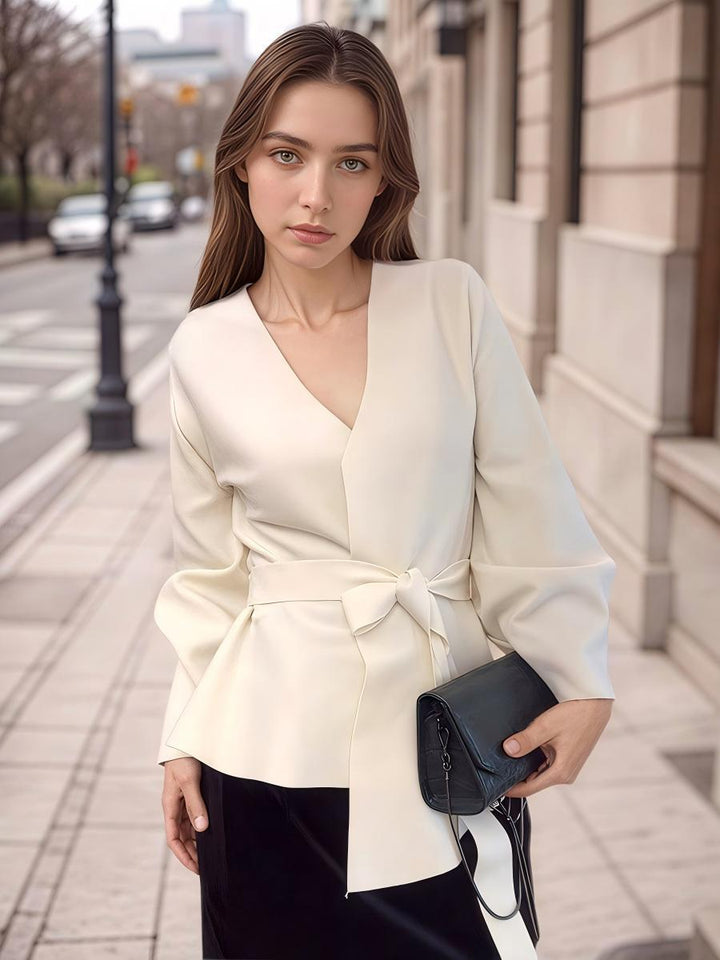 V-Neck Belted Long Sleeve Blazer