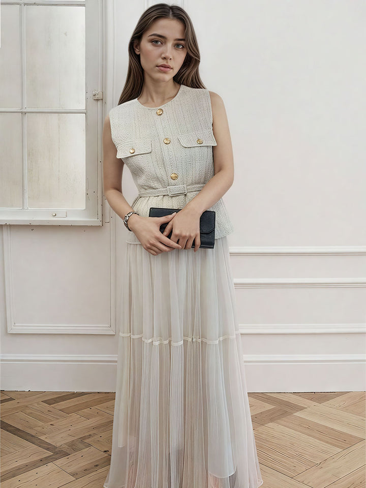 Tweed Sleeveless Vest and Pleated Maxi Skirt Set