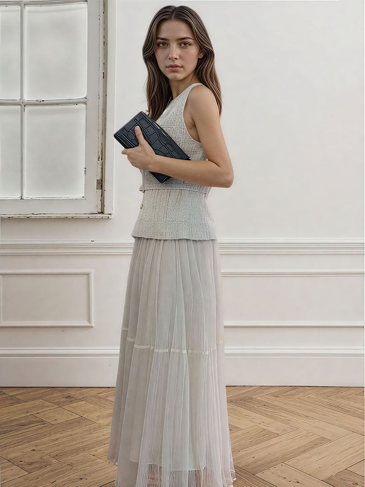 Tweed Sleeveless Vest and Pleated Maxi Skirt Set