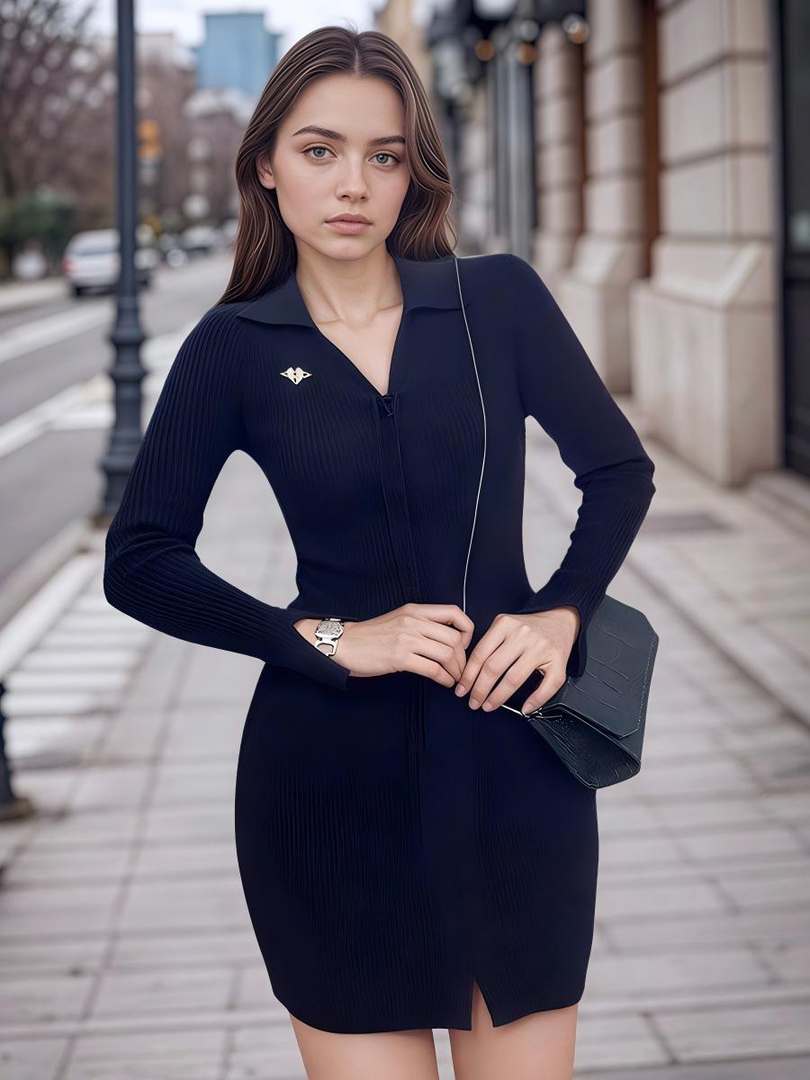 Rib-Knit Long-Sleeve Slim Dress