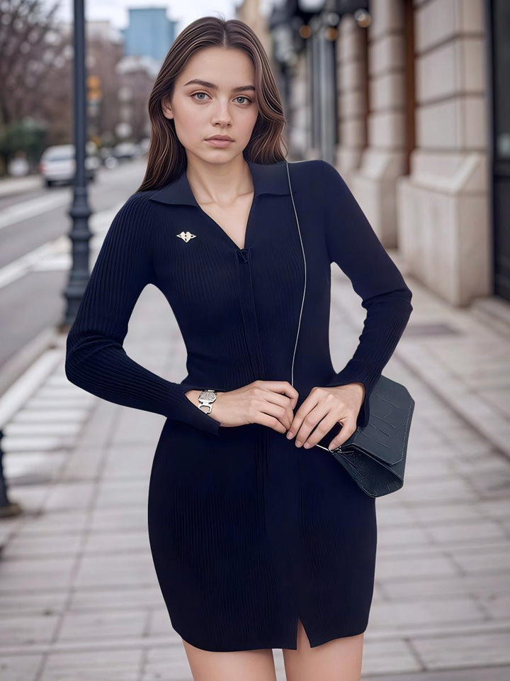 Rib-Knit Long-Sleeve Slim Dress