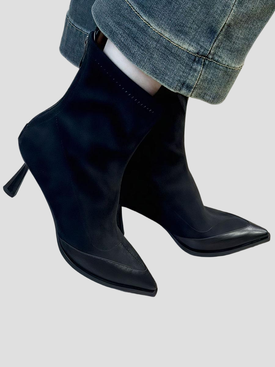 Flock Stiletto High Heels Pointed Toe Stretch Boots