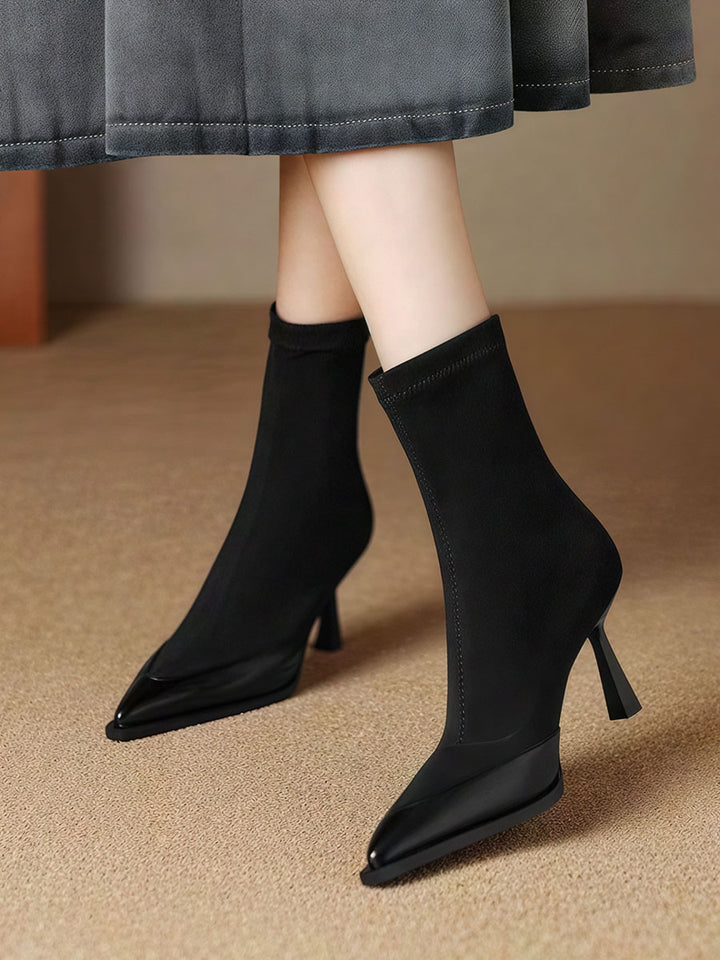 Flock Stiletto High Heels Pointed Toe Stretch Boots