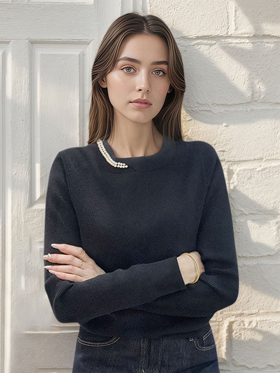 Beading Neck Long Sleeve Top