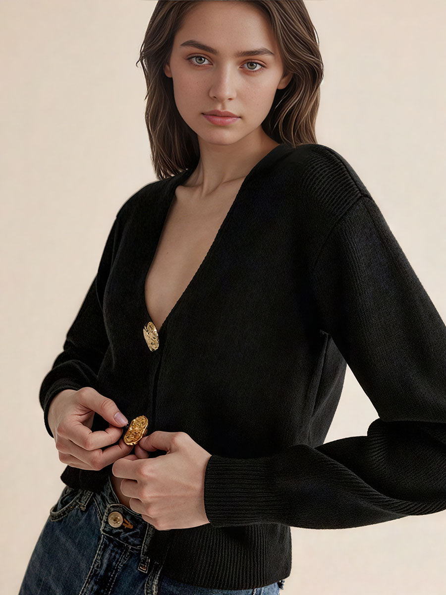 Metal Button V-Neck Knit Cardigan
