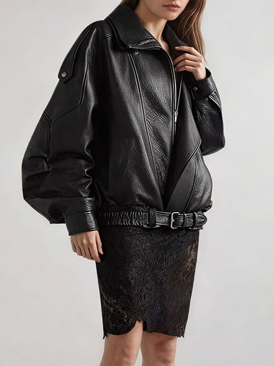 Collared Zipper PU Leather Jacket