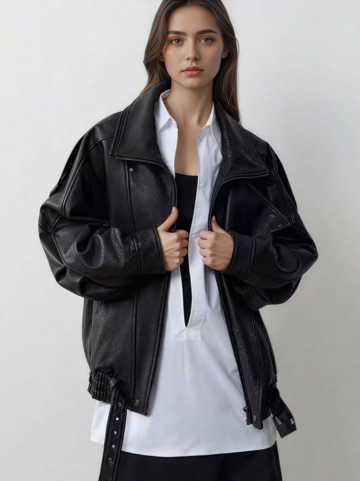 Collared Zipper PU Leather Jacket