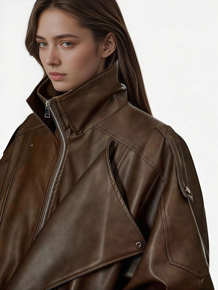 Collared Zipper PU Leather Jacket