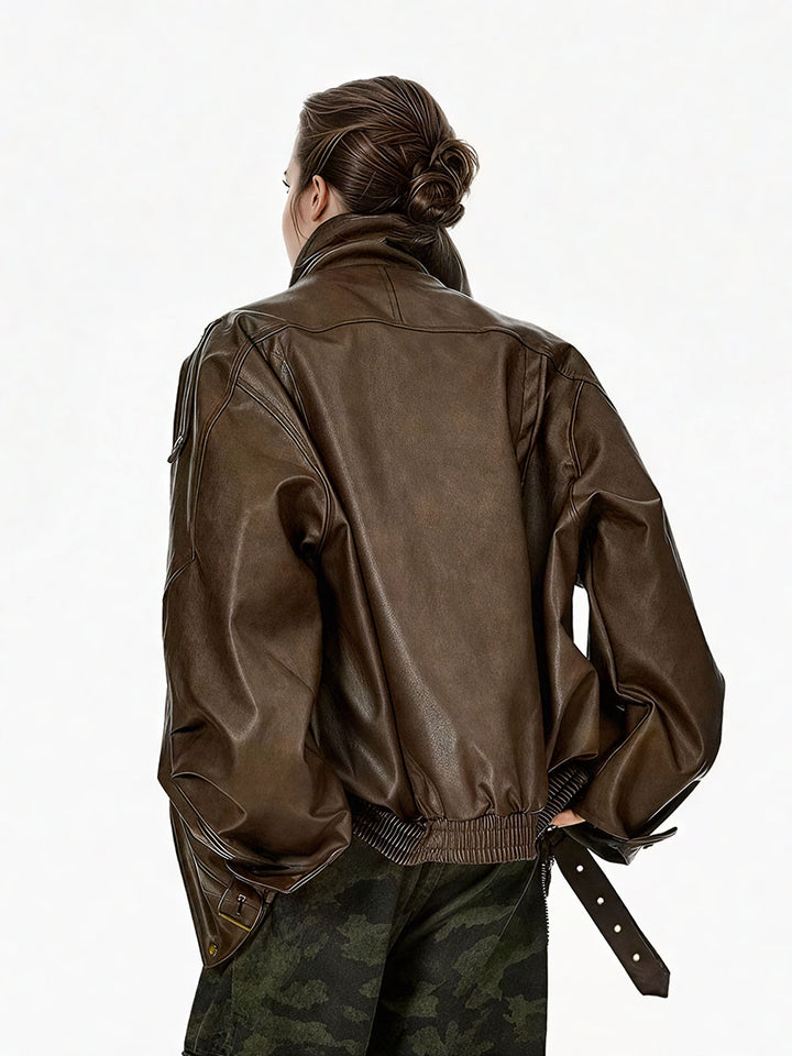 Collared Zipper PU Leather Jacket