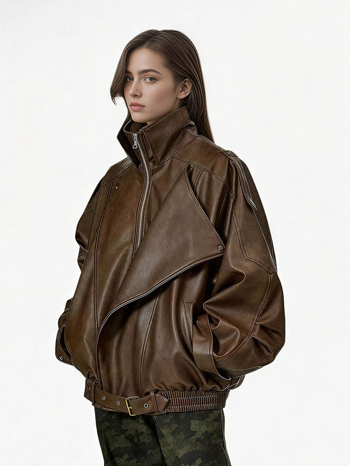 Collared Zipper PU Leather Jacket