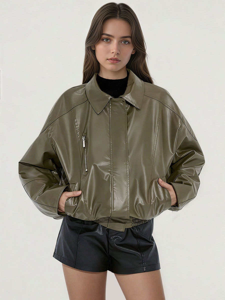 Collared  PU Leather Jacket