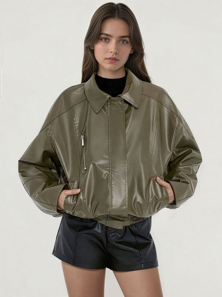 Collared  PU Leather Jacket