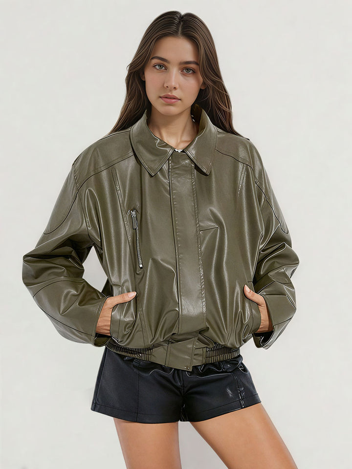Collared  PU Leather Jacket