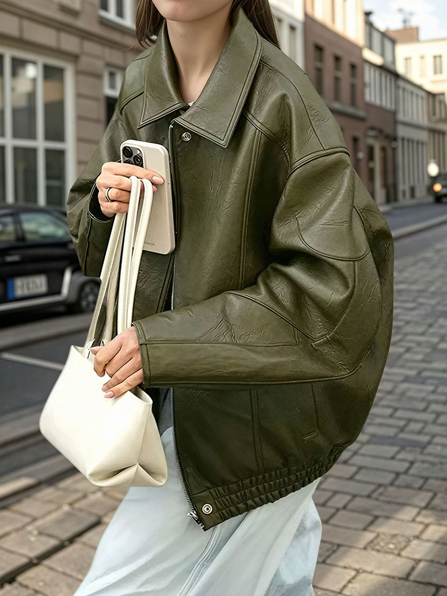 Collared  PU Leather Jacket