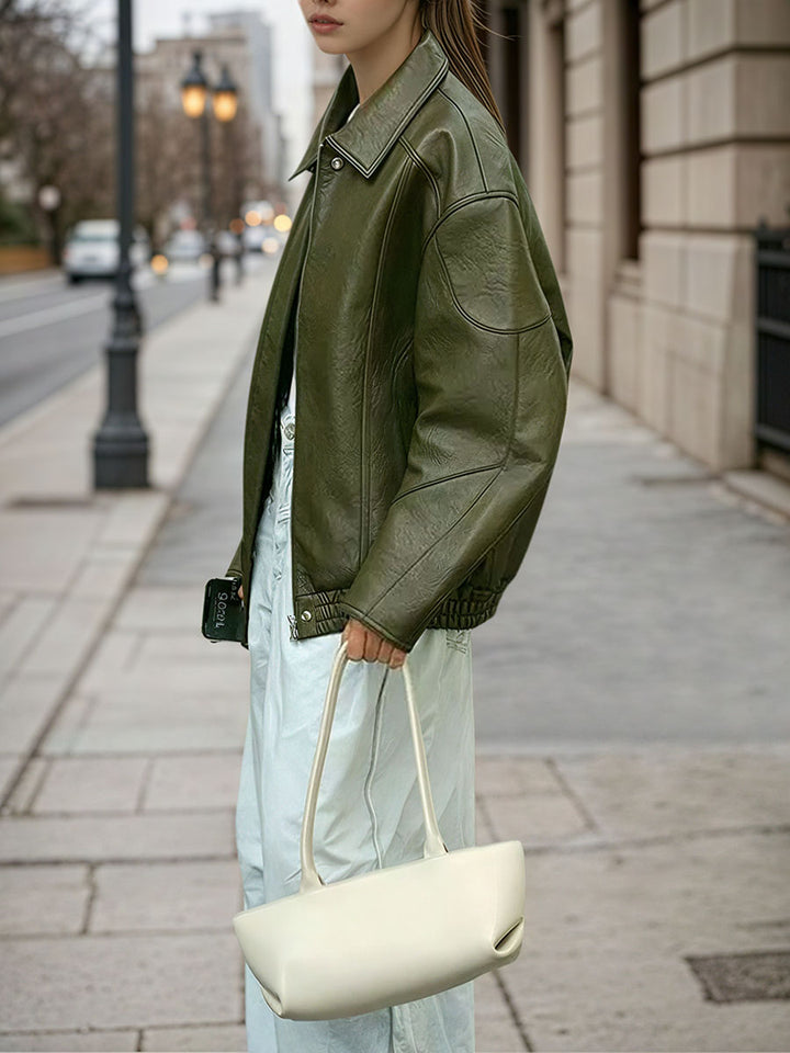 Collared  PU Leather Jacket