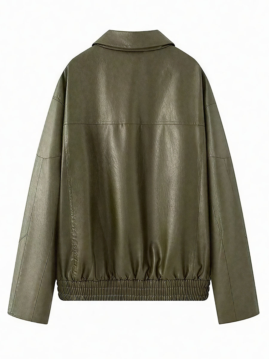 Collared  PU Leather Jacket