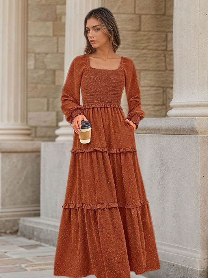 Solid Shirred Ruffle Tiered Dress