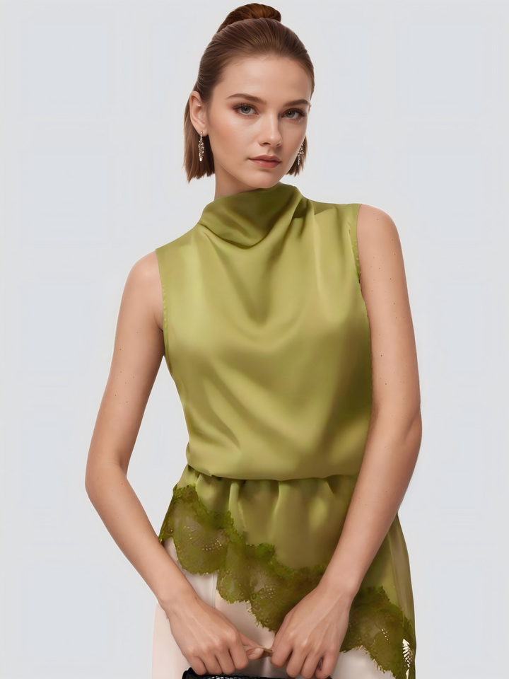 Lace Trim Satin Sleeveless Blouse