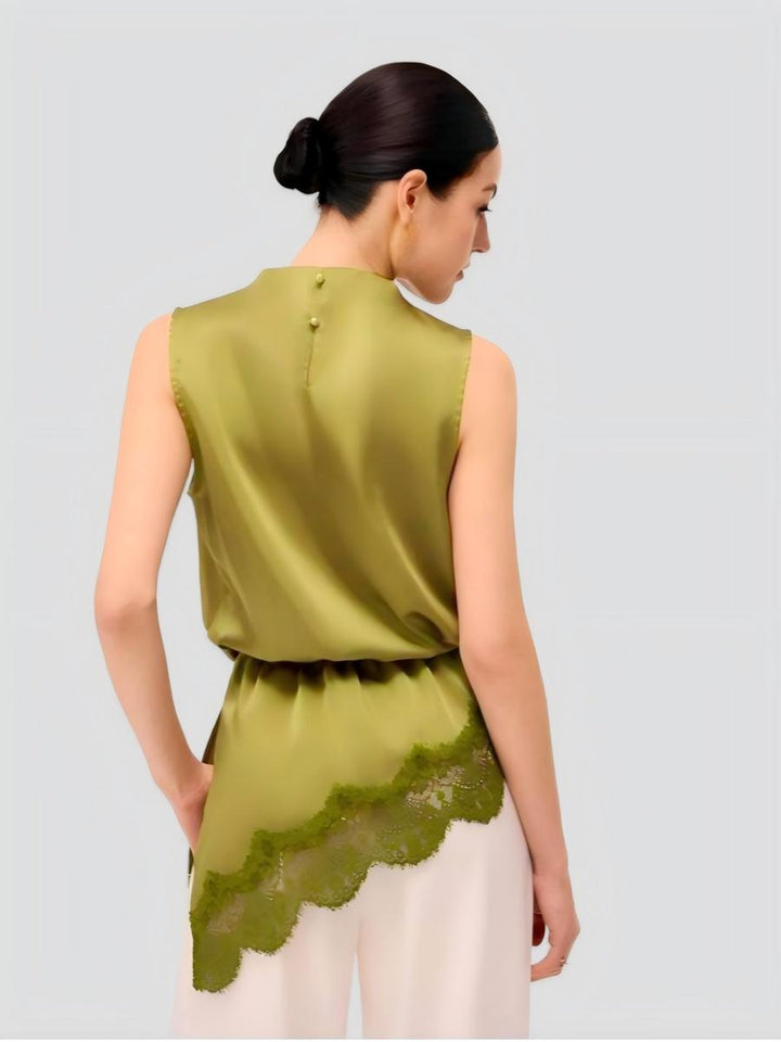 Lace Trim Satin Sleeveless Blouse