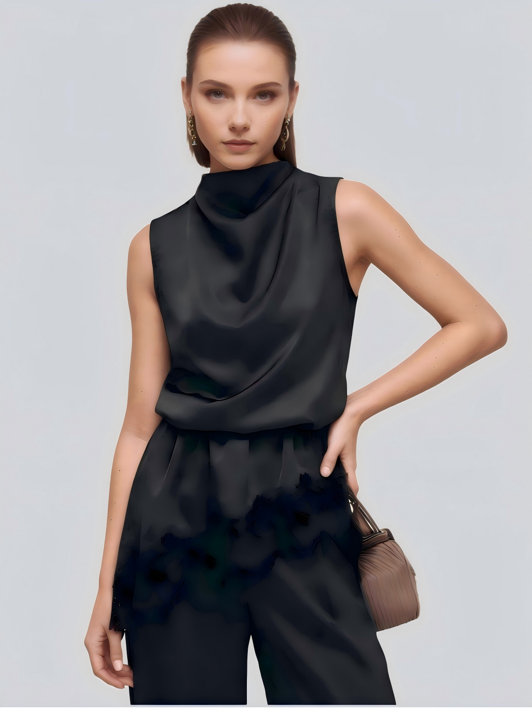 Lace Trim Satin Sleeveless Blouse