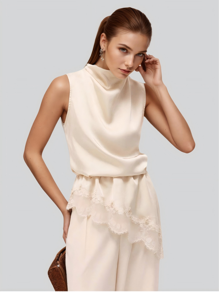 Lace Trim Satin Sleeveless Blouse